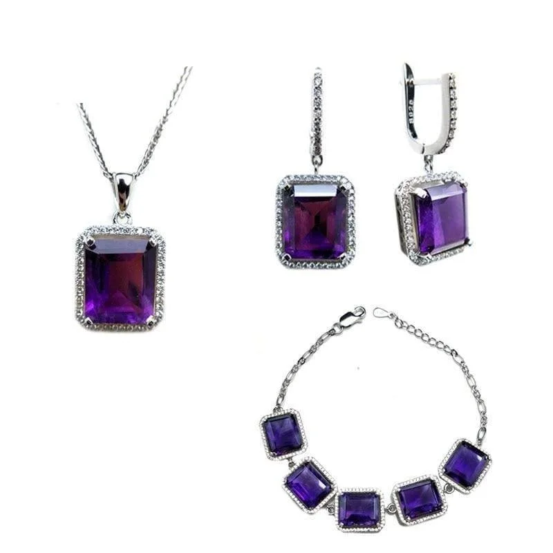 Circle design bangles-Exquisite African Amethyst Gemstone  925 Silver Earrings, Bracelets, Pendant Jewelry Gift Set