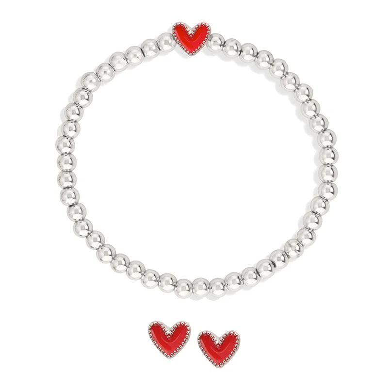 Corded edge bangles-Heart Stretch Bracelet + Stud Earring Set In Red