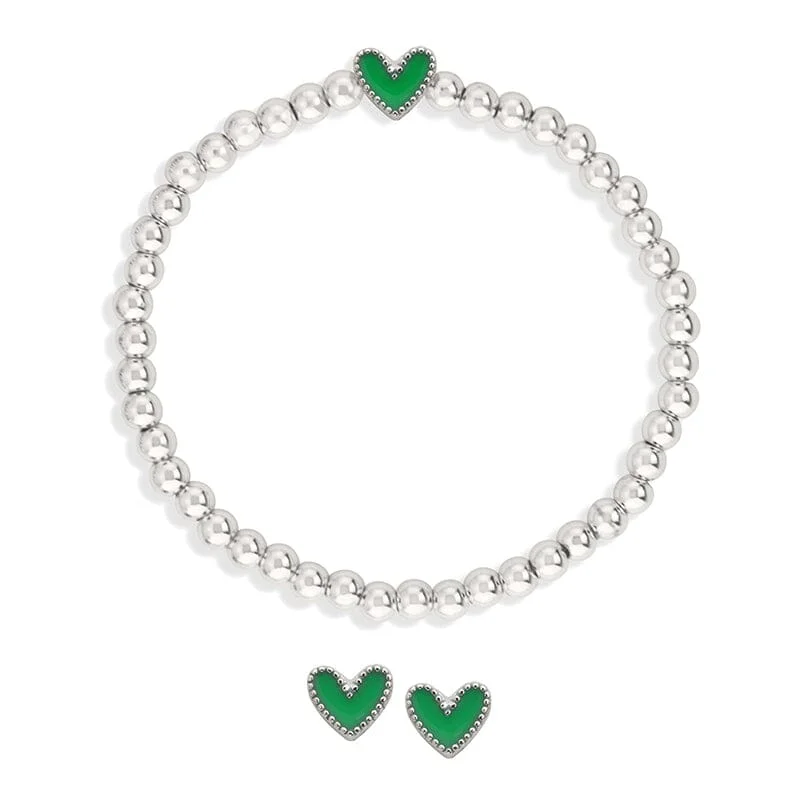 Cat motif bracelets-Heart Stretch Bracelet + Stud Earring Set in Green