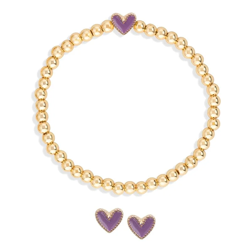 Delicate accent bracelets-Heart Stretch Bracelet + Stud Earring Set In Purple