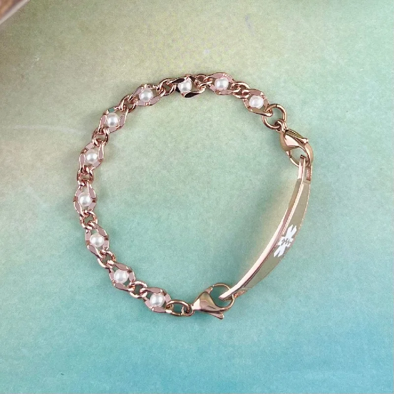 Soft bangle bracelets-Pearl Rose Gold Medical Alert Bracelet