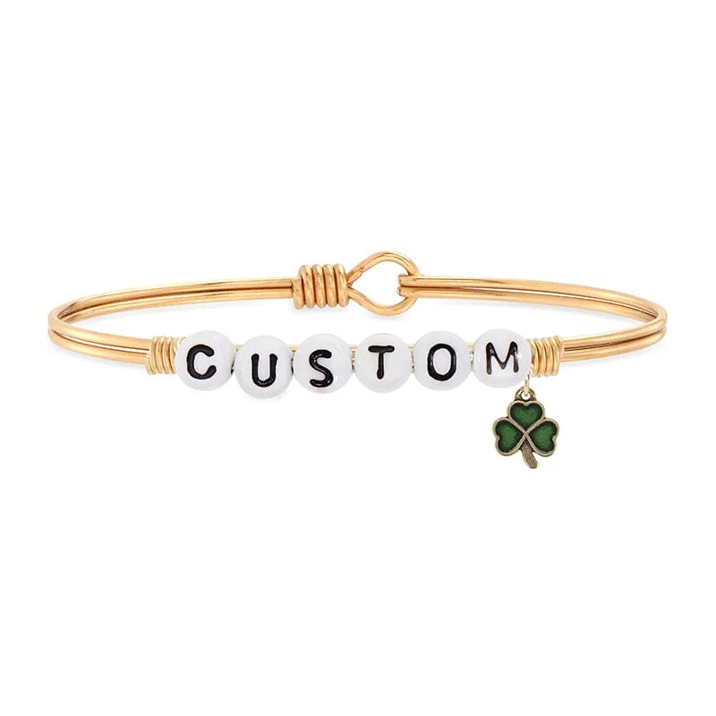 Timeless flair bracelets-Personalized Letter Bead Bangle Bracelet With Shamrock Charm