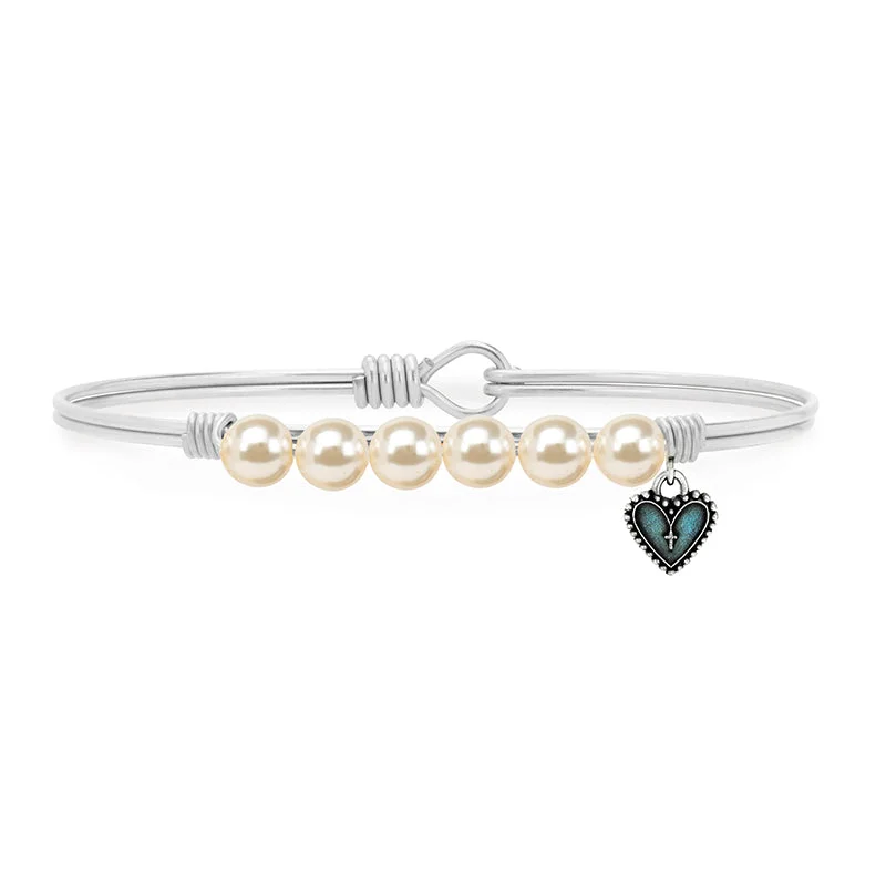 Crisp modern bracelets-Crystal Pearl Rosary Heart Bangle Bracelet