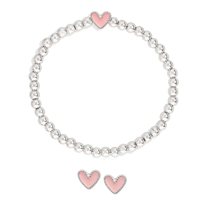 Strand wrap bracelets-Heart Stretch Bracelet + Stud Earring Set In Pink