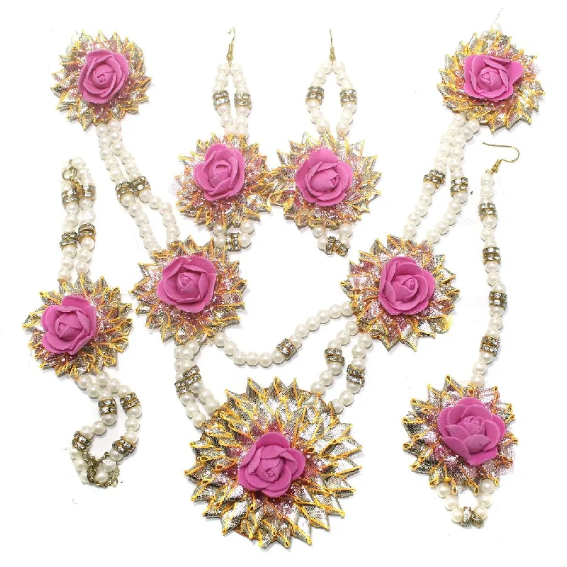 Reed weave bangles-Gotta Patti Necklace Set with Maang Tikka, Earrings, Ring and Bracelet Pink