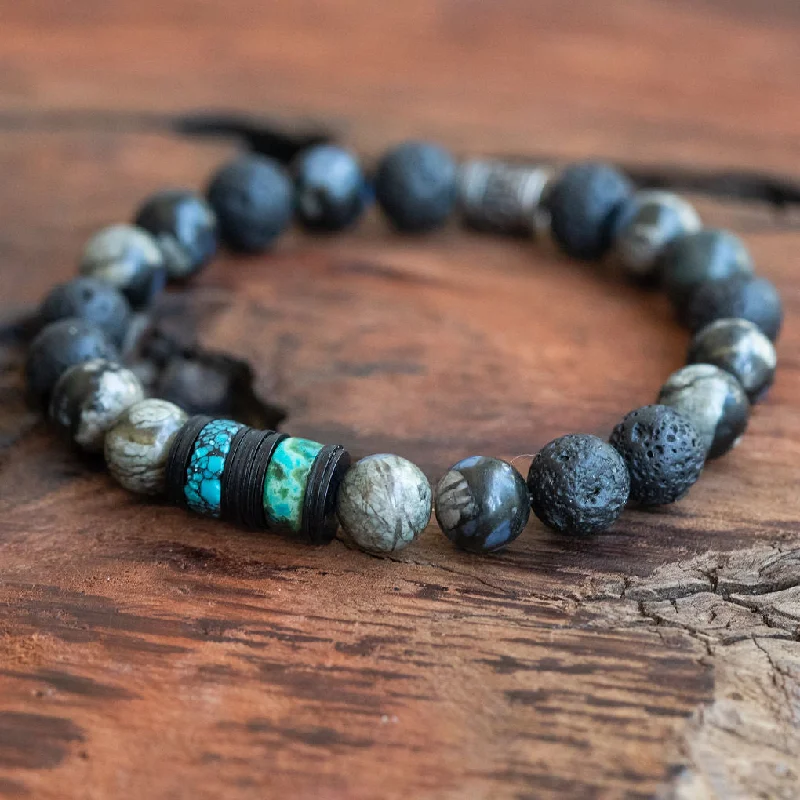 Crisp modern bracelets-Just Be You: Mens African Grey Opal, Pyrite, Turquoise, Lava Rock Stacking Style Bracelet