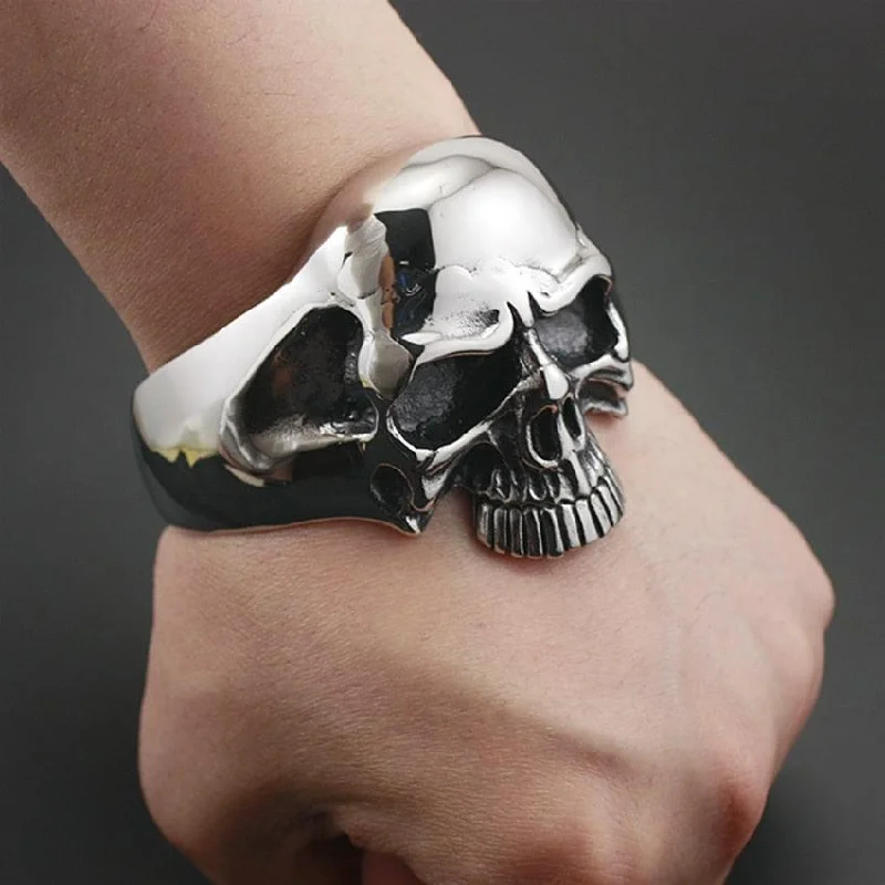 Bead link bracelets-Stainless Steel Huge Heavy Skull Mens Biker Rocker Punk Bracelet