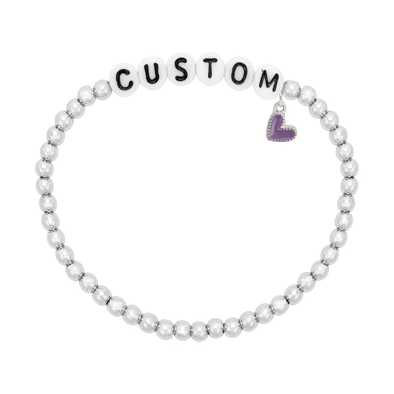 Cat motif bracelets-Personalized Letter Bead Stretch Bracelet with Purple Heart Charm