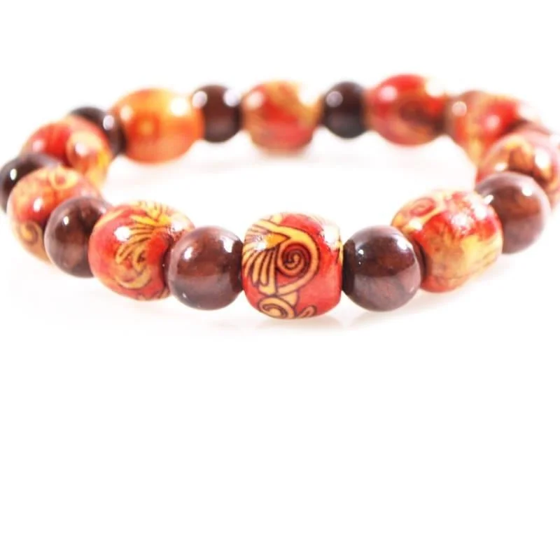 Tiered chain bracelets-Dark Brown Agate Stone  And Orange Print Wood Men's Bracelets