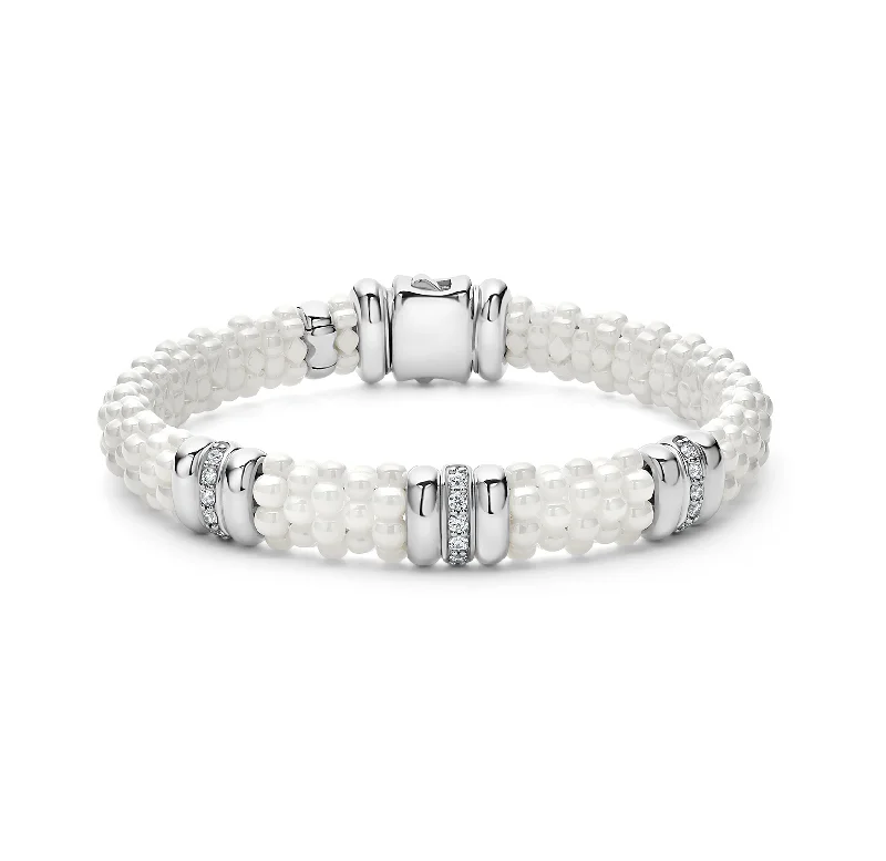 Thread tassel bangles-LAGOS White Caviar Three Station Ceramic Diamond Bracelet, 9mm