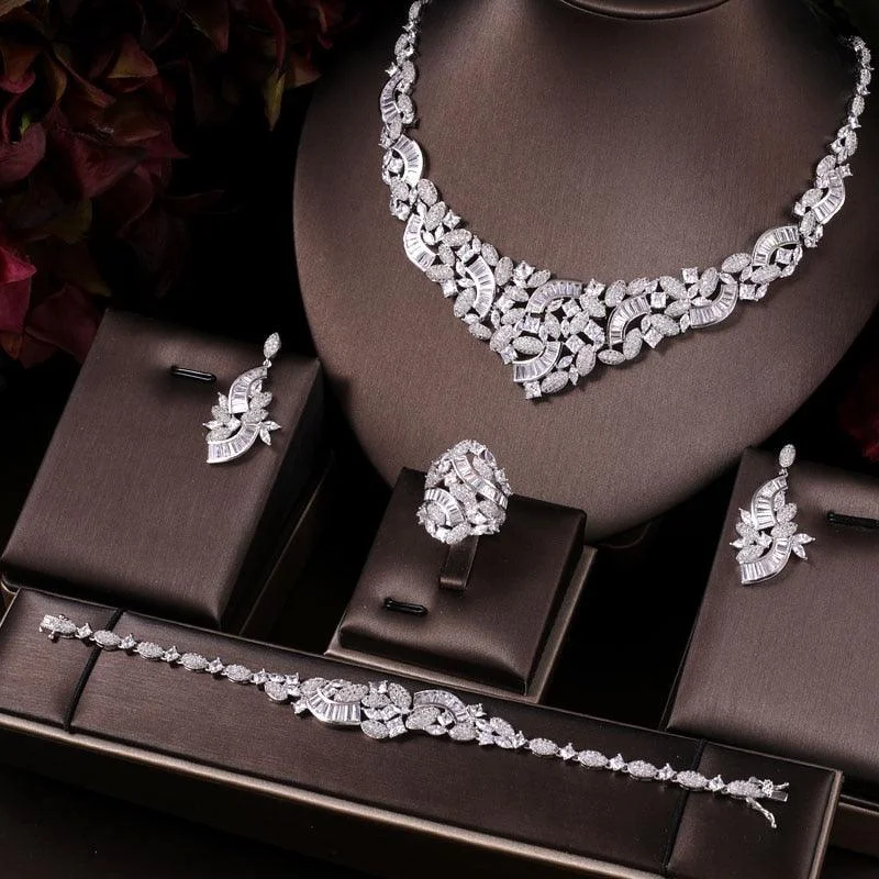 Dual alloy bracelets-Elegant Bridal CZ Necklace Earrings Bracelet Ring Wedding Jewelry Set