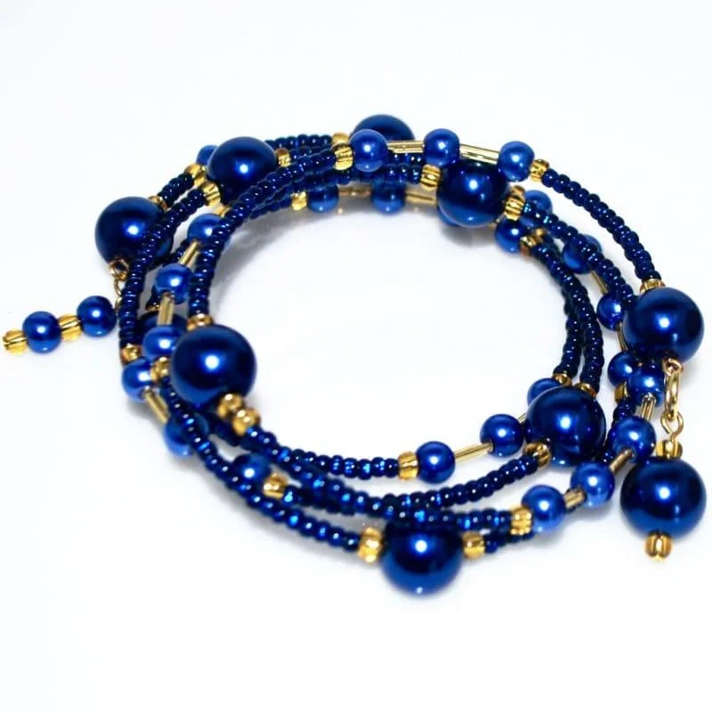 Raised cuff bracelets-Elegant Blue Glass Pearls / Sapphire And Gold Ascent Wrap Around Bracelets