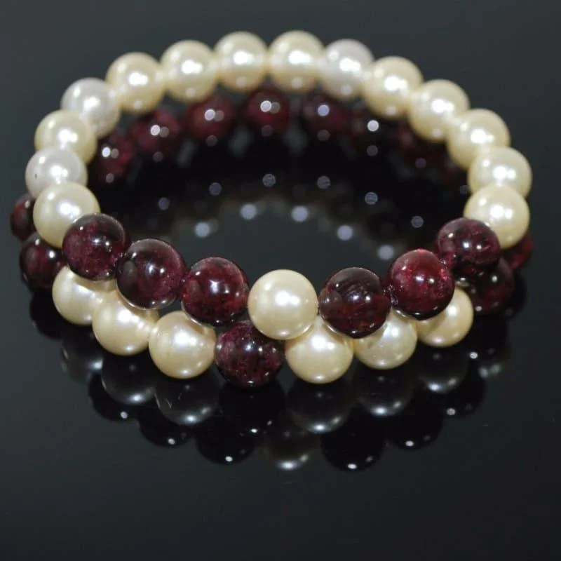 Smooth clasp bangles-Red Garnett and Cream Shell Pearls Double Strands Bracelets