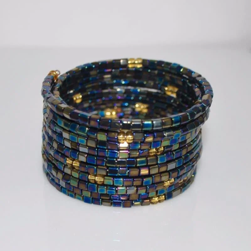 Faceted crystal bangles-Metallic Blue Memory Wire One Size Bracelets