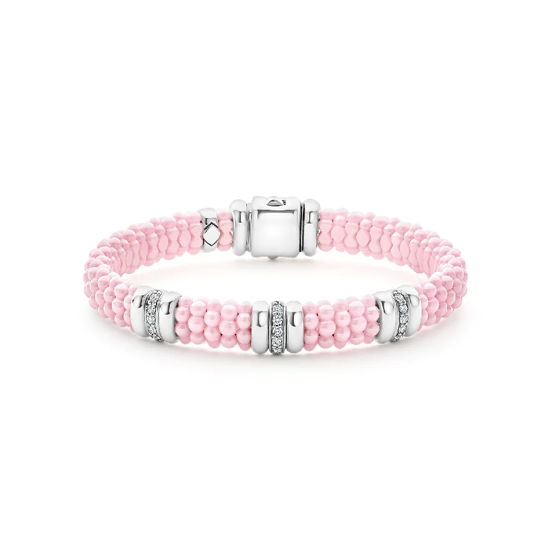 Solid gold bracelets-LAGOS Pink Caviar Pink Three Station Diamond Caviar Bracelet