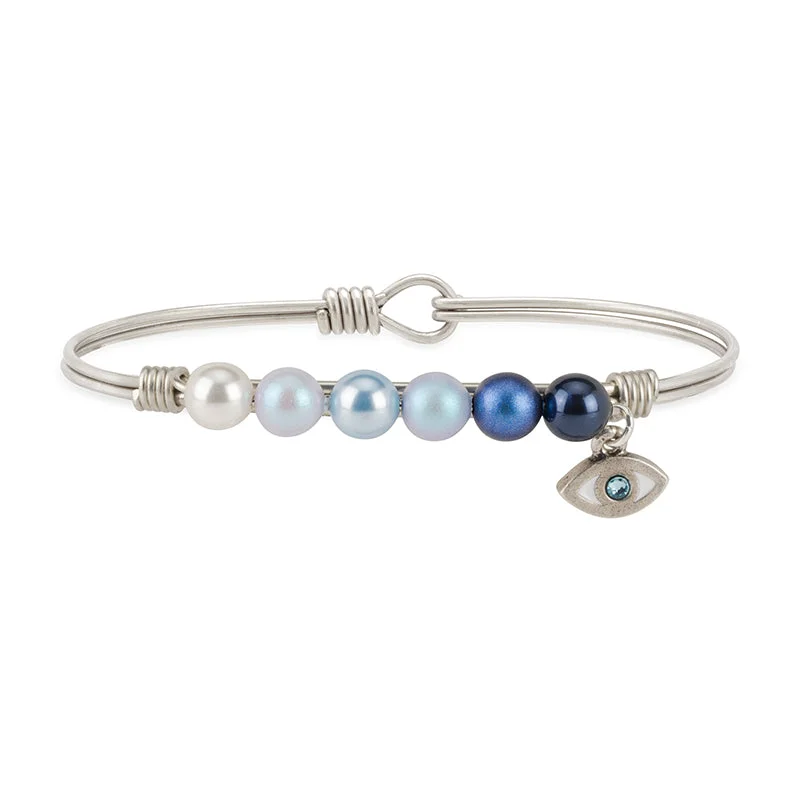 Delicate filigree bangles-Evil Eye Crystal Pearl Bangle Bracelet In Blue Ombre