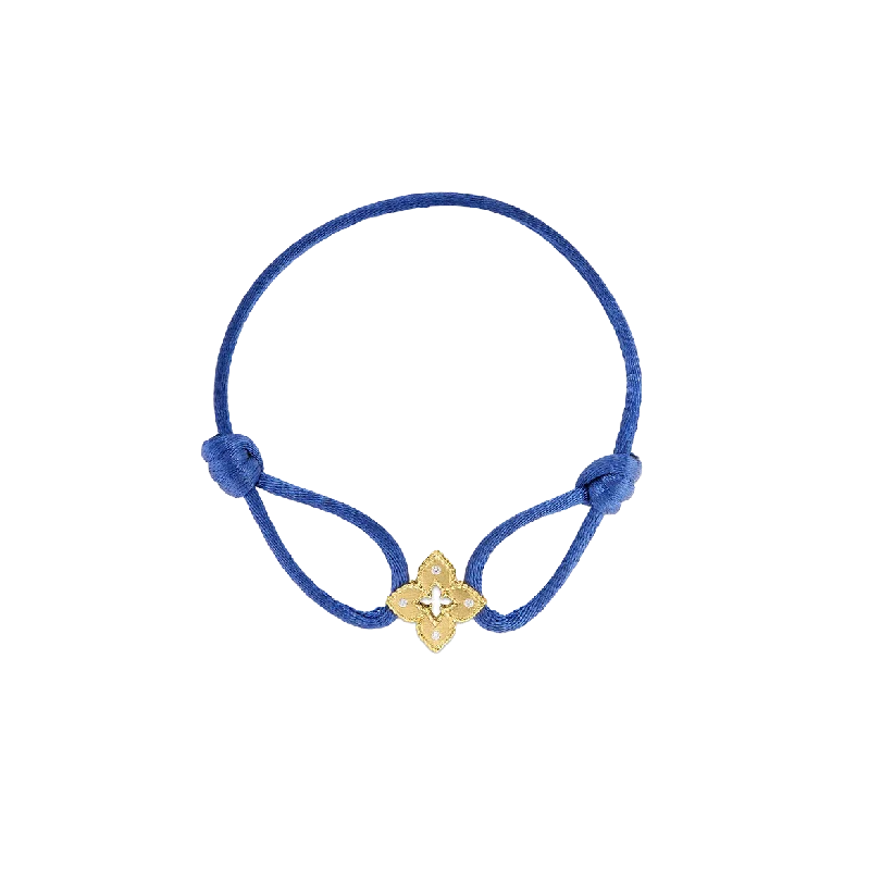 Corded satin bracelets-Roberto Coin Venetian Princess Diamond Flower Blue Silk Cord Bracelet