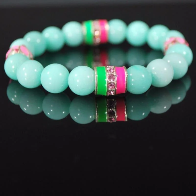 Zircon bead bangles-Blue Amazonite Gemstone With Pink And Green Ascent Beaded Bracelets