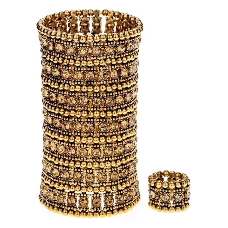 Timeless cameo bracelets-Bronze Crystal Multilayer Stretch Cuff Bracelet Ring Sets