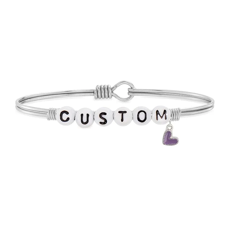 Pastel bead bangles-Personalized Letter Bead Bangle Bracelet with Purple Heart Charm