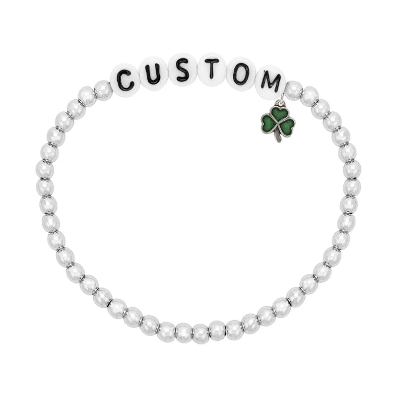 Matte bead bangles-Personalized Letter Bead Stretch Bracelet with Shamrock