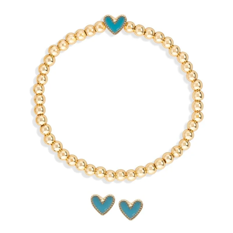 Lunar theme bracelets-Heart Stretch Bracelet + Stud Earring Set in Blue