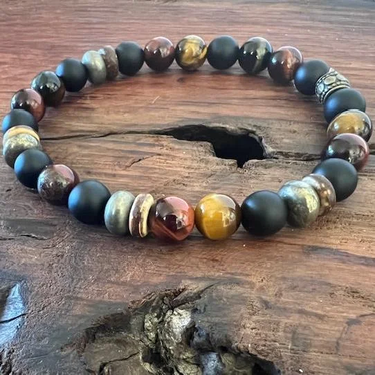 Circle link bracelets-Empowerment: Men's Boho Bracelet with Tiger Eye, Pyrite, Buri Wood and Onyx