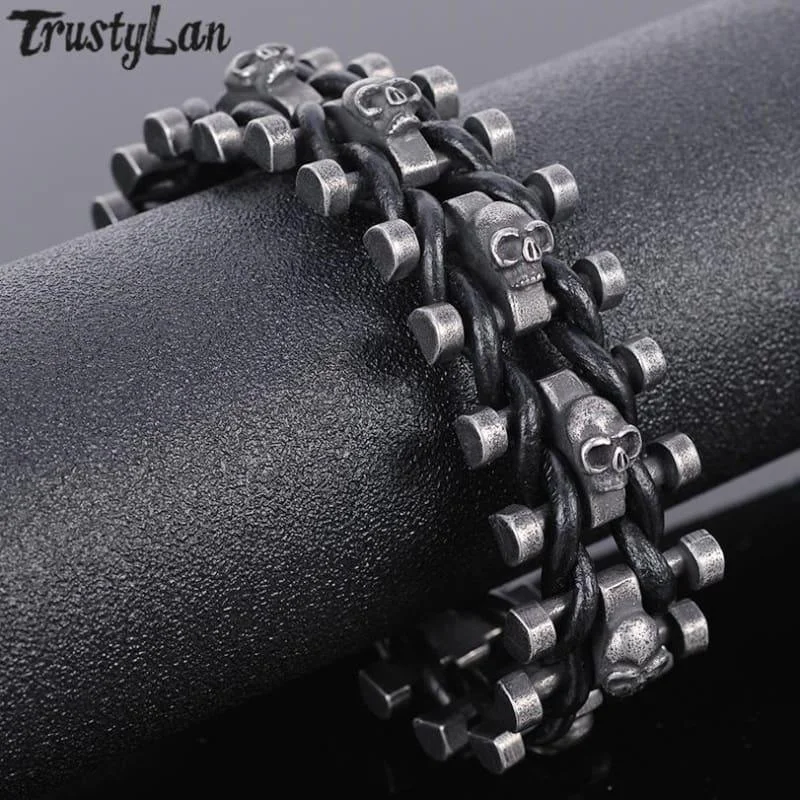 Timeless deco bangles-Stainless Steel & Leather Skull Mens Bracelet