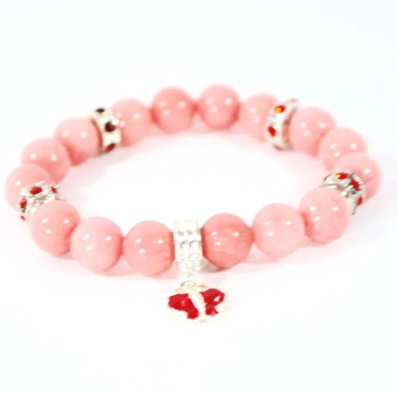 Solid stone bangles-Pink Carnielan  Heart Charms Agate Stretch Bracelets