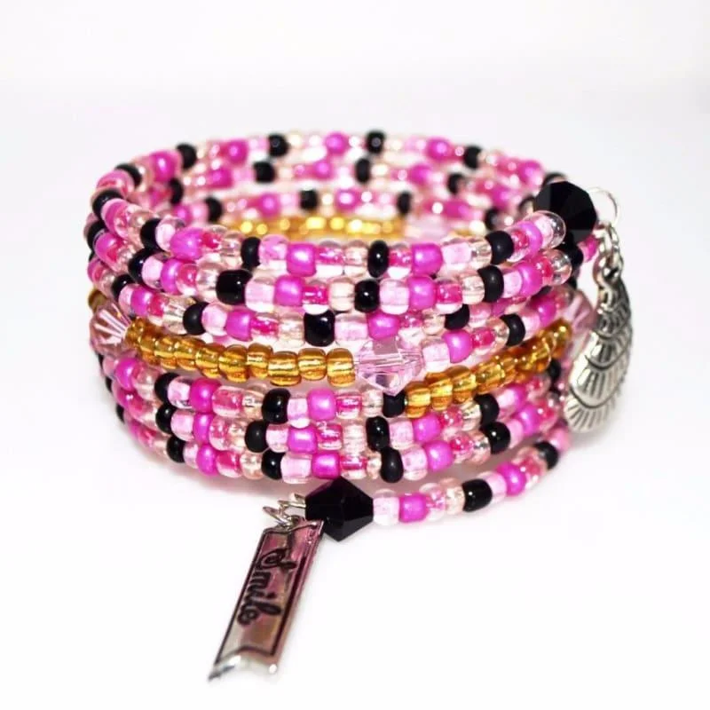 Solid stone bangles-Shades Of Pink Seed Bead With Charms Wrap Around Bracelets